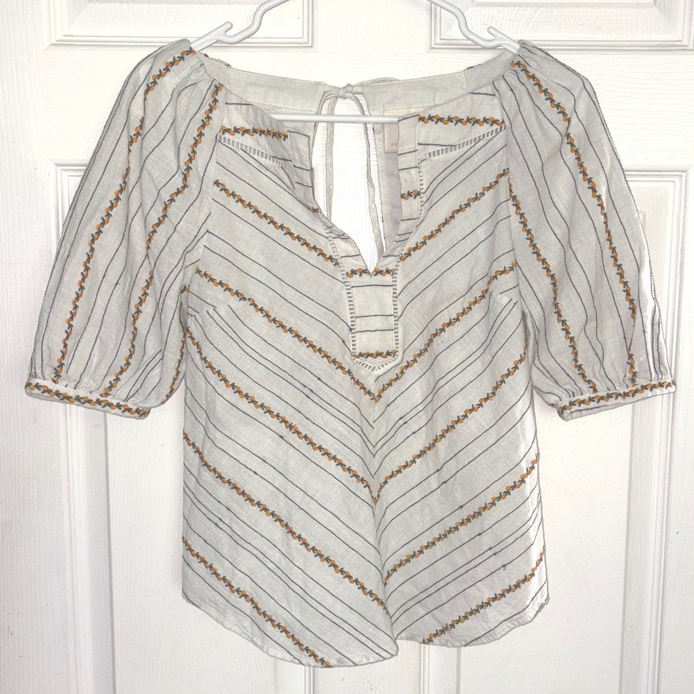 Maeve Embroidered Puff Sleeve Blouse Size L White Orange Striped Boho‎ Top